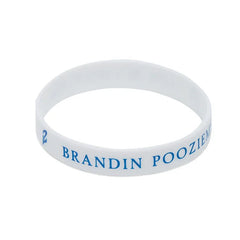 White wristband with blue text on a white background