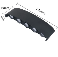 Black metal bracket with circular holes and dimensions labeled on a white background