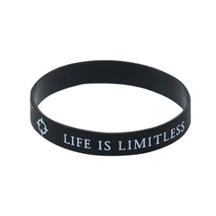 Black wristband with 'LIFE IS LIMITLESS' text on a white background