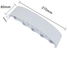 White plastic component with dimensions labeled on a white background