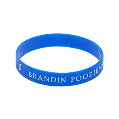 Blue wristband with text on a white background
