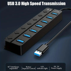 Seven-Port USB 3.0 Hub and Splitter for Computers
