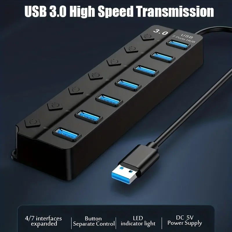 Seven-Port USB 3.0 Hub and Splitter for Computers